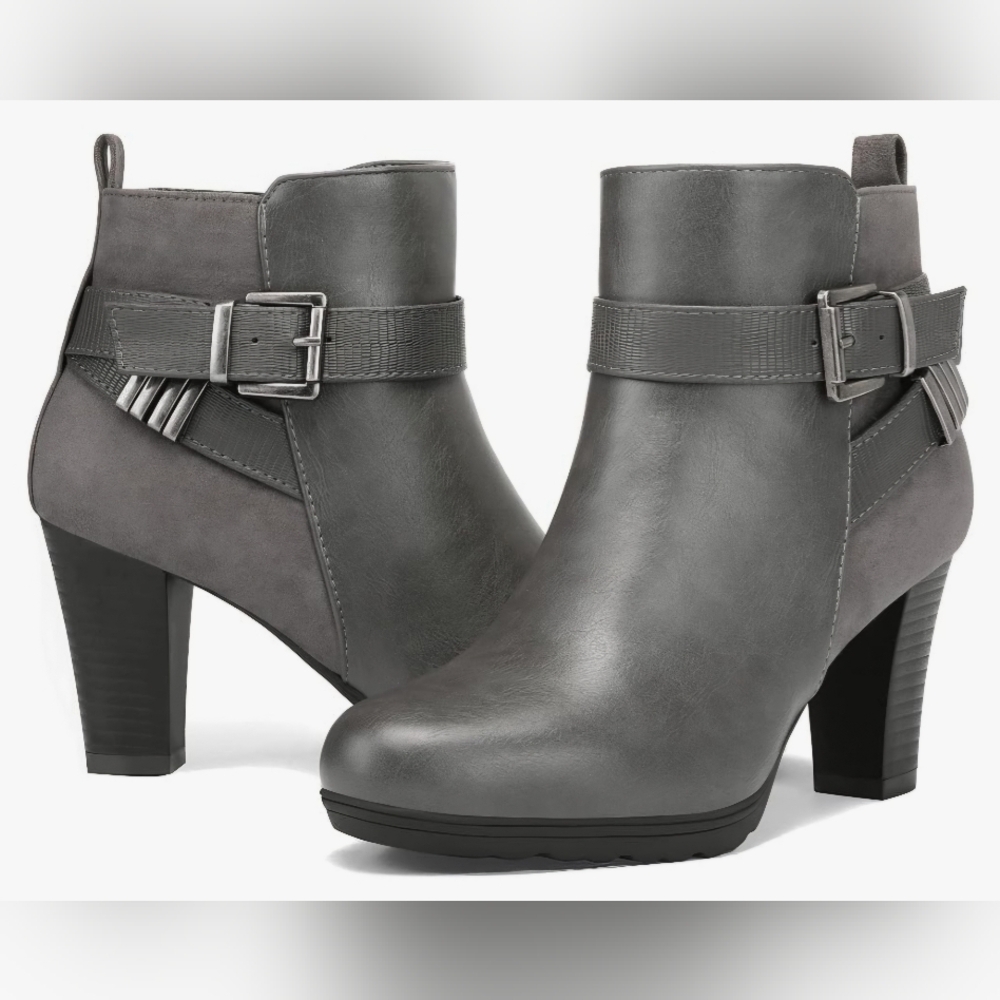 Women's Chunky Stacked Heel Ankle Booties with Zipper, Buckle Strap - Size 10